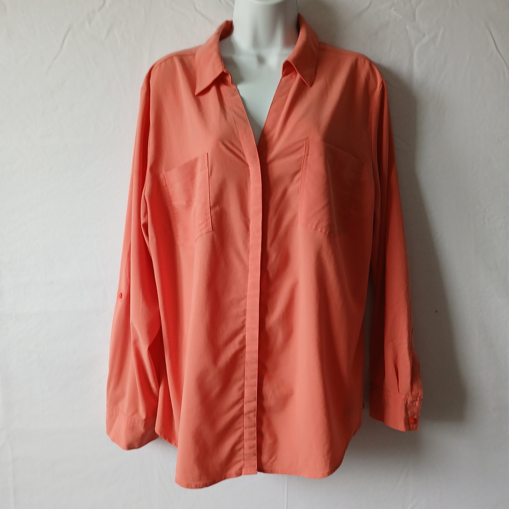 Chico's Orange Button Up Shirt V Neck Stretch Sz 3 Casual Cottage Travel Work